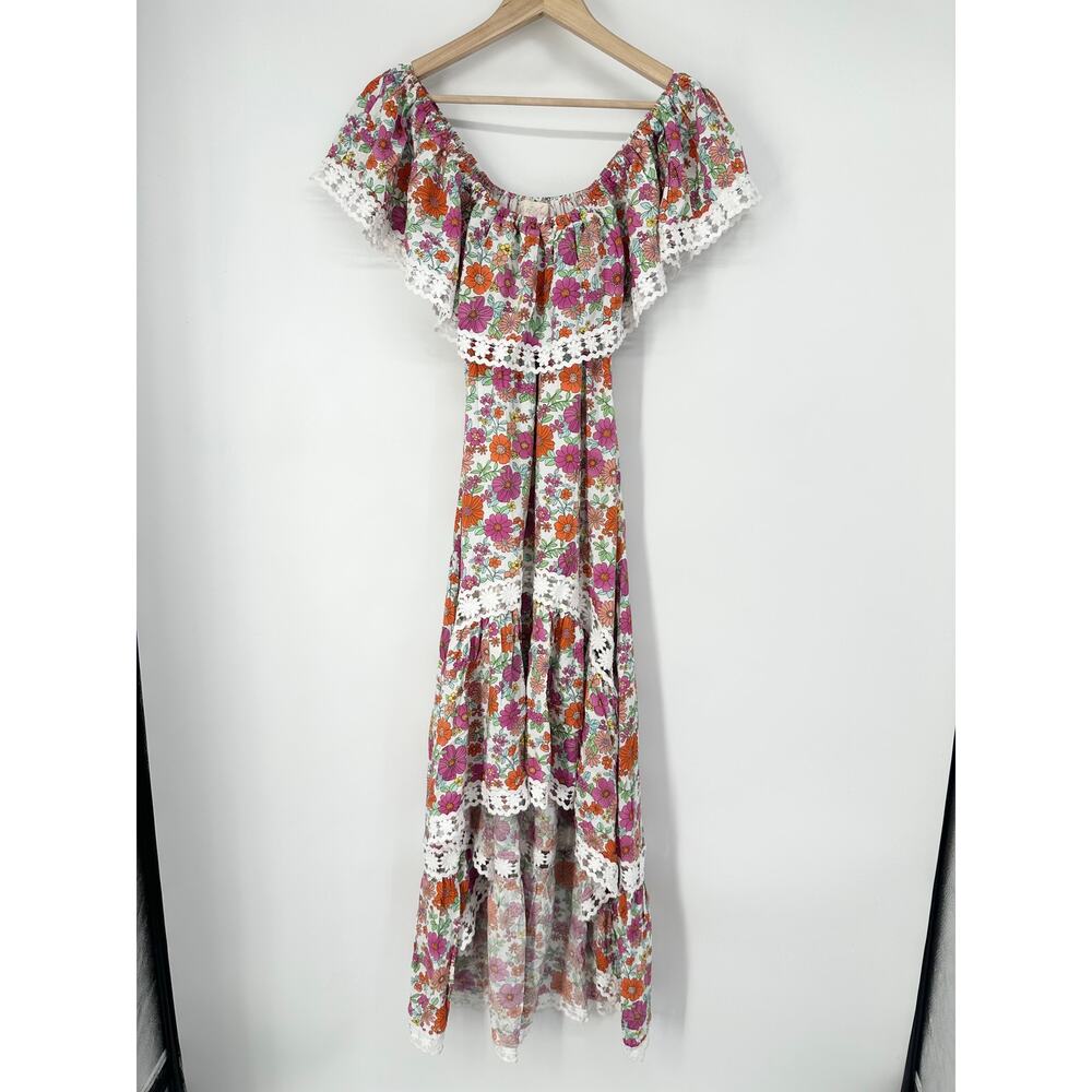 Miss June Rayan Off The Shoulder Floral Lace Ruffle Maxi Midi Dress Boho Pink - Picture 5 of 12